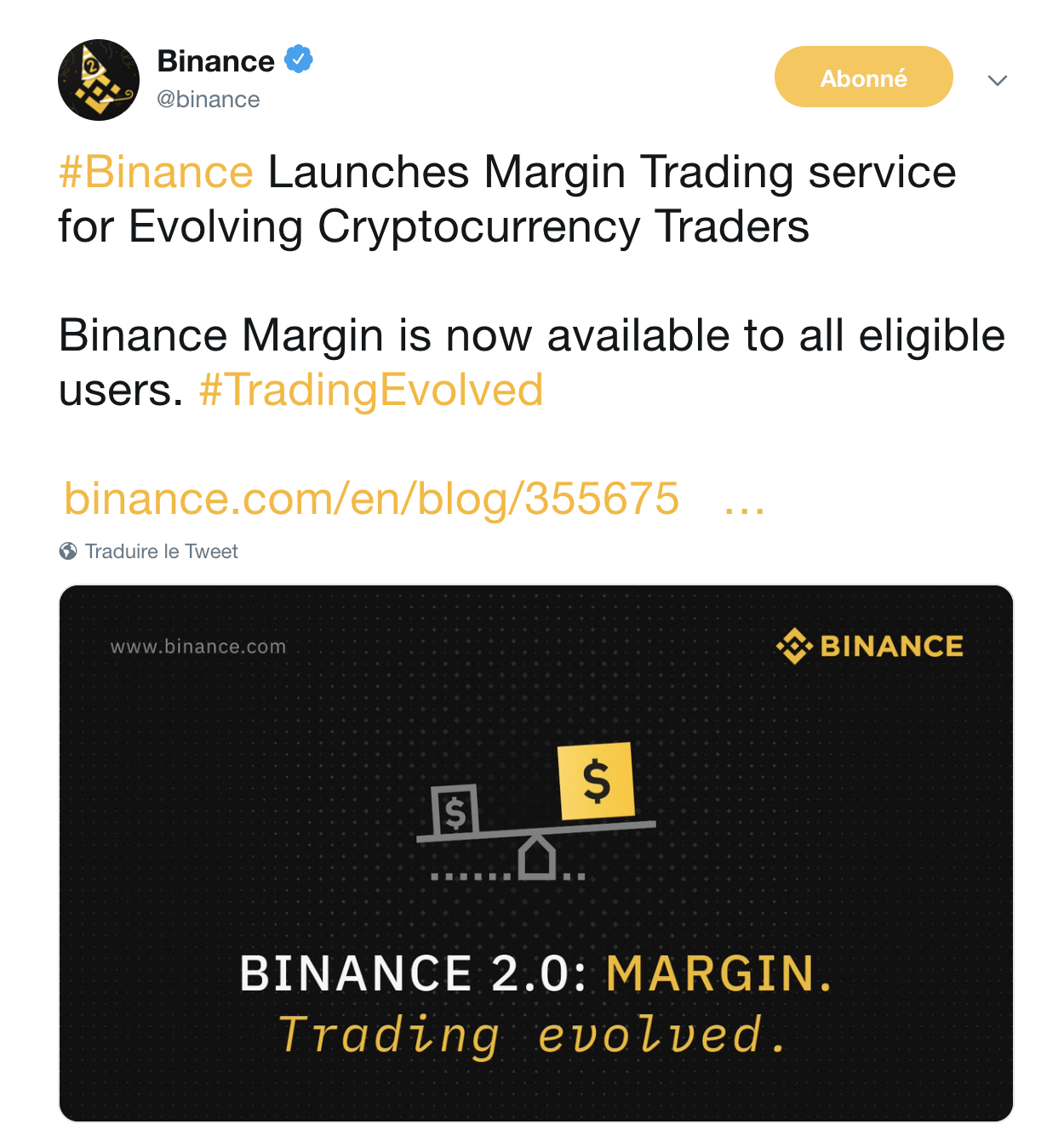 CZ, le CEO de Binance qui annonce le lancement officiel du Margin Trading prévu pour le 14 juillet 2019.