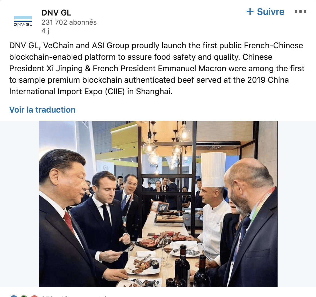 Capture d'écran d'un post de DNV GL sur Linkedin. On y aperçoit Emmanuel Macron et Xi Jinping.