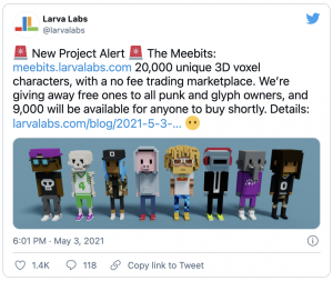 Larva Labs (CrytpoPunk) lance les Meebits qui se vendent déjà pour 675 000$ 