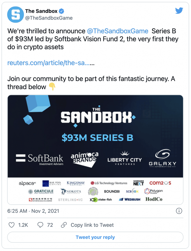 Sandbox (SAND) - Le bac à sable du metaverse empoche 93M$
