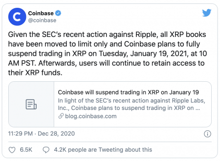 Coinbase suspend le trading du XRP de Ripple