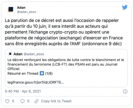 PSAN - La France renforce son opposition au marché des cryptomonnaies