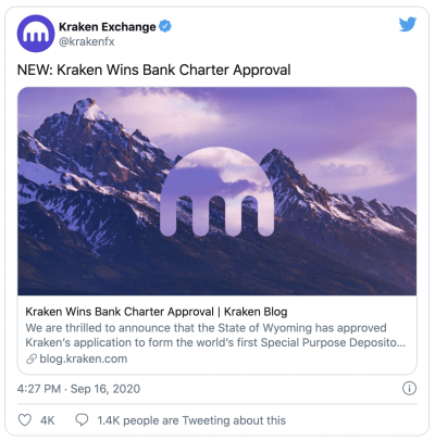 Kraken devient la première crypto banque aux Etats Unis