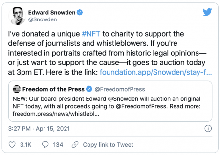 Edward Snowden met un NFT en vente pour soutenir la liberté de la presse